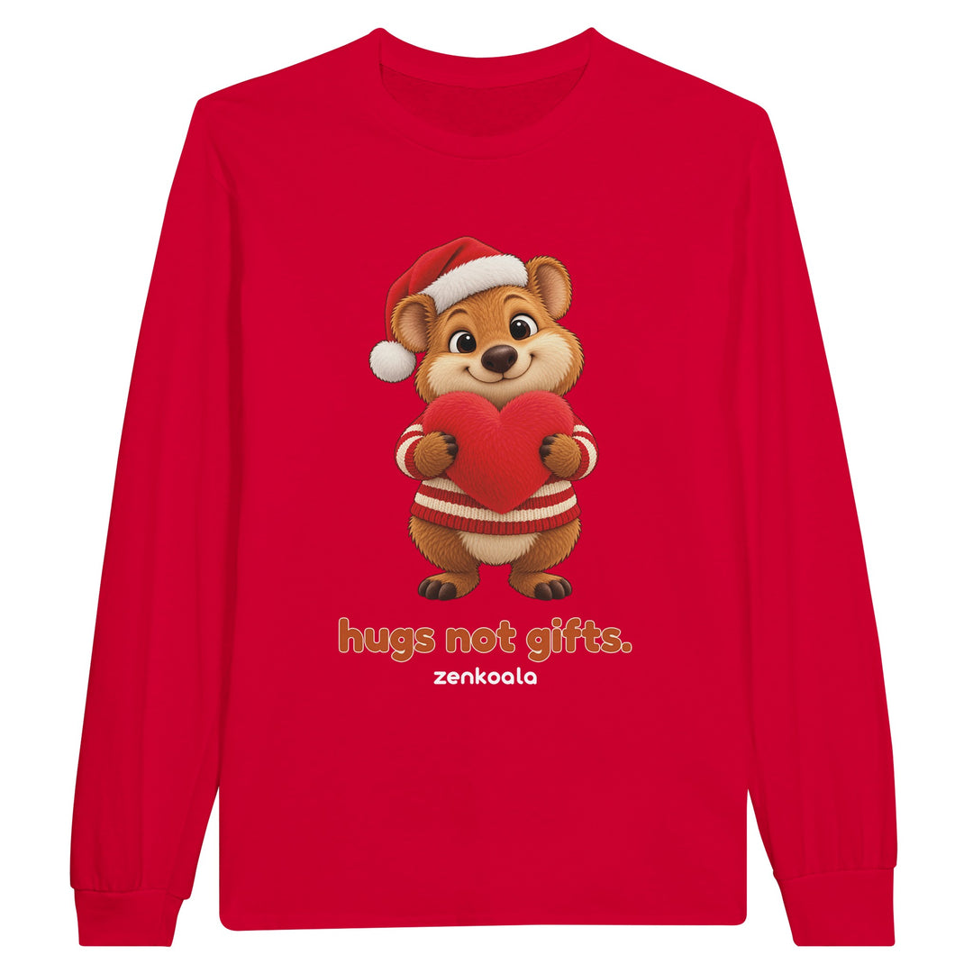 Hugs Not Gifts feel-good long sleeve tee in red, Zen Koala Australia