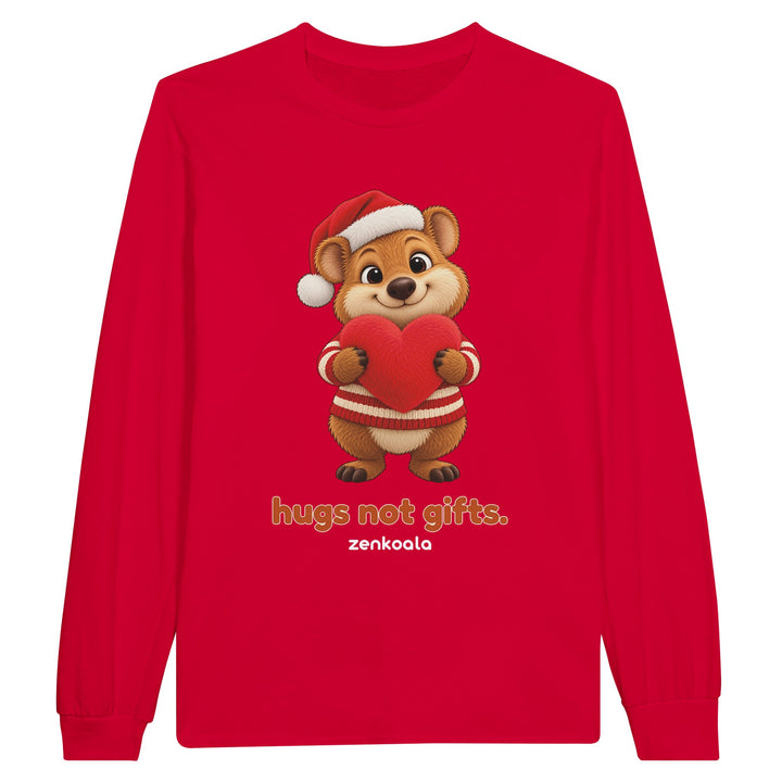 Hugs Not Gifts feel-good long sleeve tee in red, Zen Koala Australia