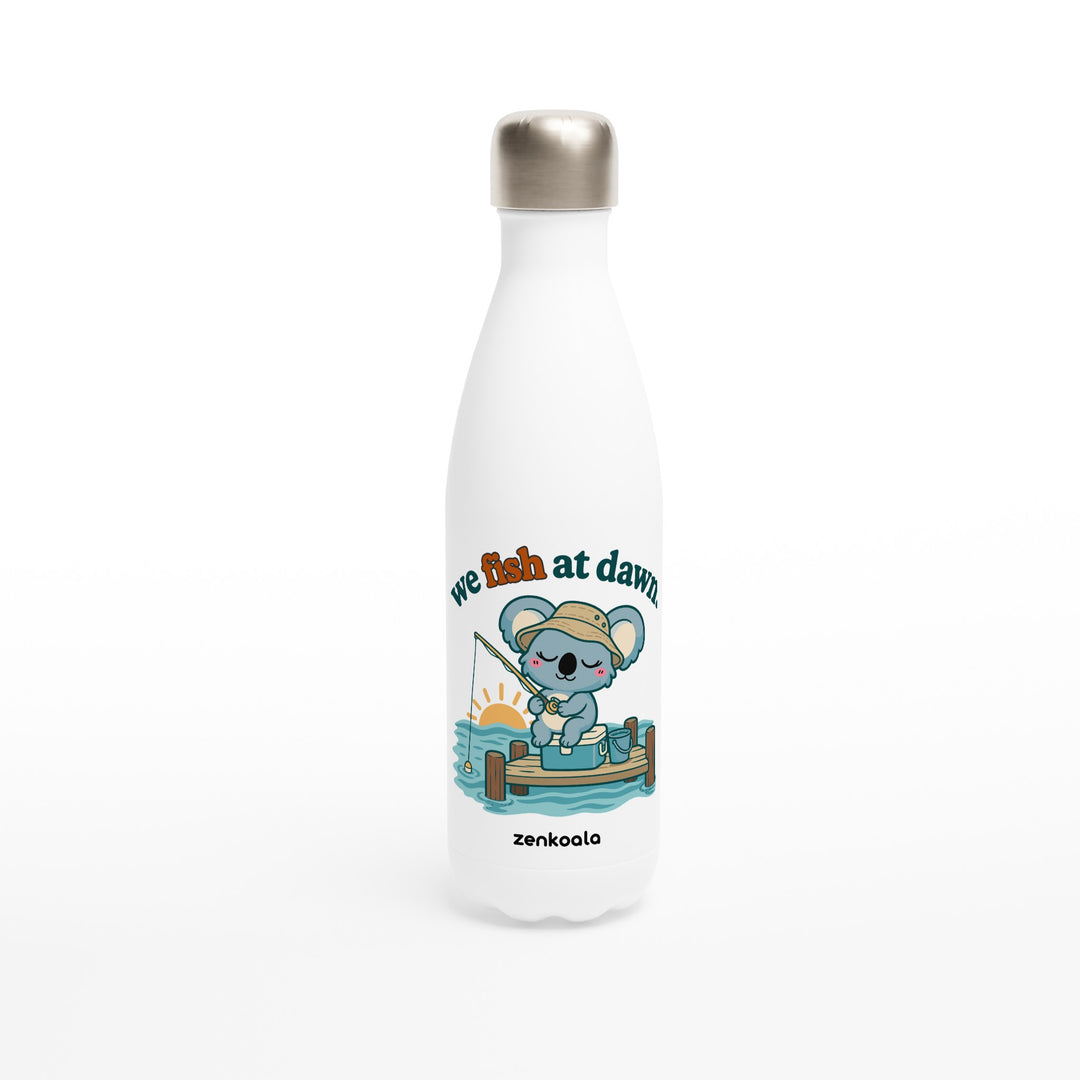 We Fish at Dawn feel-good water bottle: a koala fishing off a jetty, Zen Koala Australia