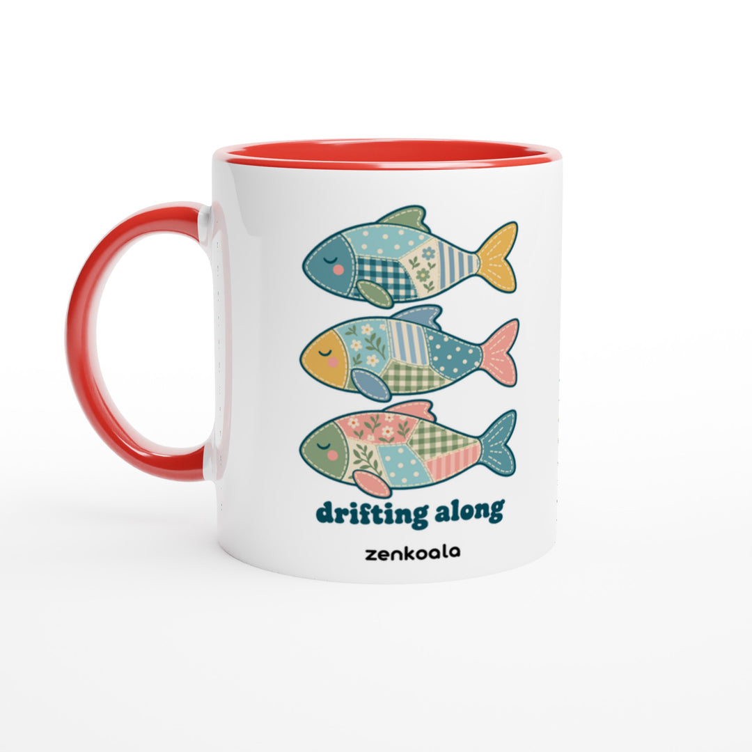 Drifting Along Fish mug in red: white with a red rim, inside and handle, Zen Koala Australia