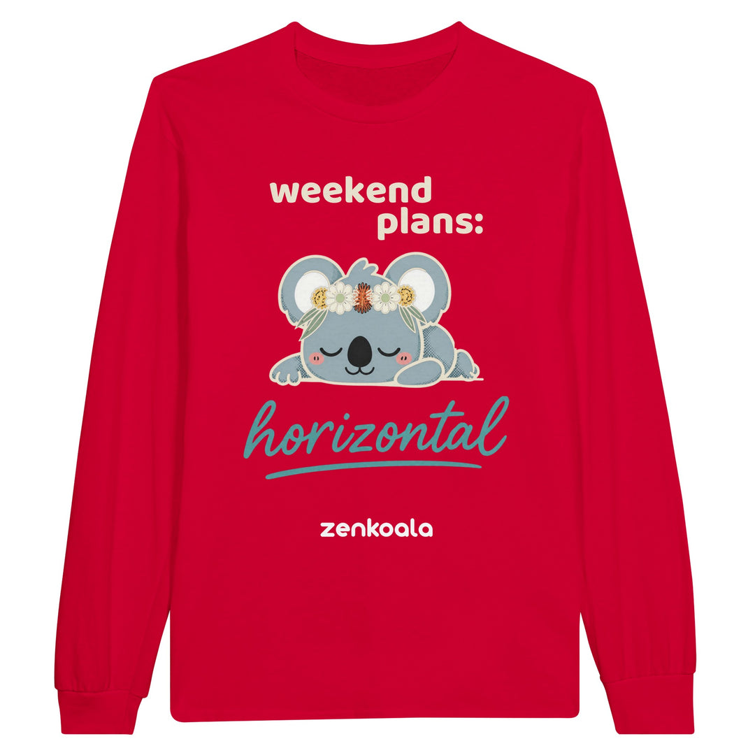 Weekend Plans Horizontal Koala long sleeve tee in red — Zen Koala Australia