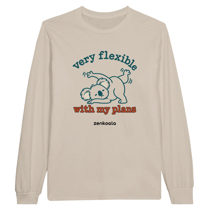 Very Flexible With My Plans feel-good long sleeve tee in sand: a koala in a yoga stretch that isn&
