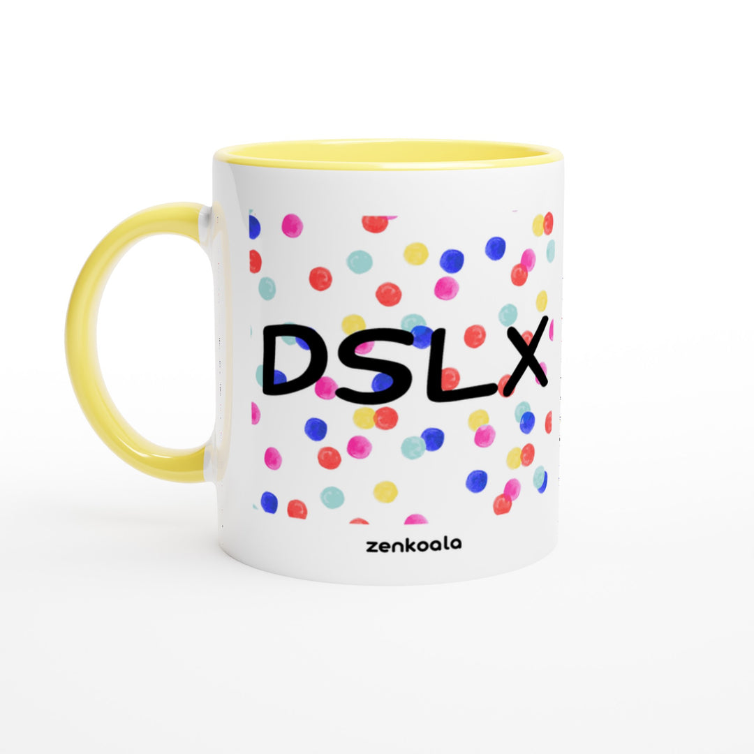 Dyslexia is my SuperPower mug in yellow: white with a yellow rim, inside and handle, Zen Koala Australia
