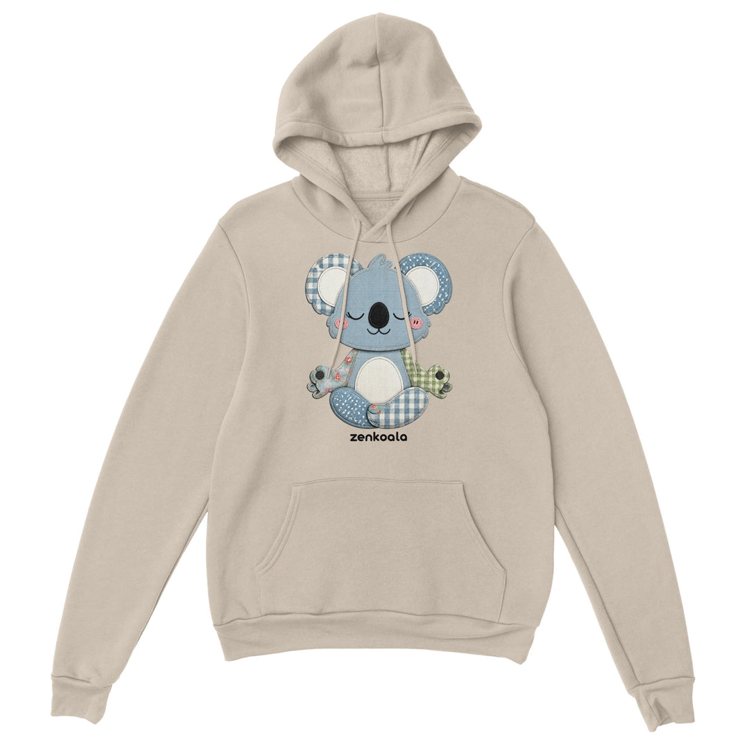 Faux Patchwork Meditating Koala feel-good hoodie in sand, Zen Koala Australia