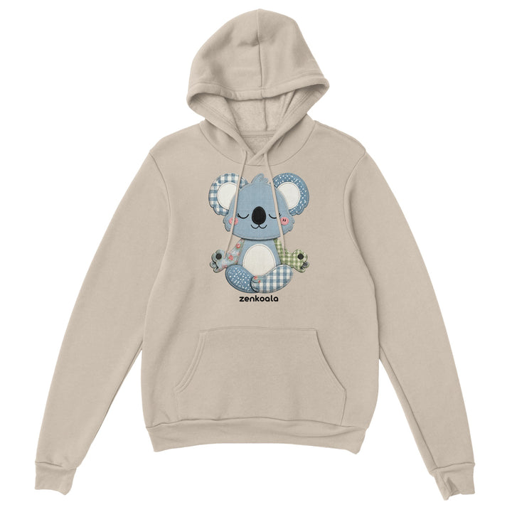 Faux Patchwork Meditating Koala feel-good hoodie in sand, Zen Koala Australia