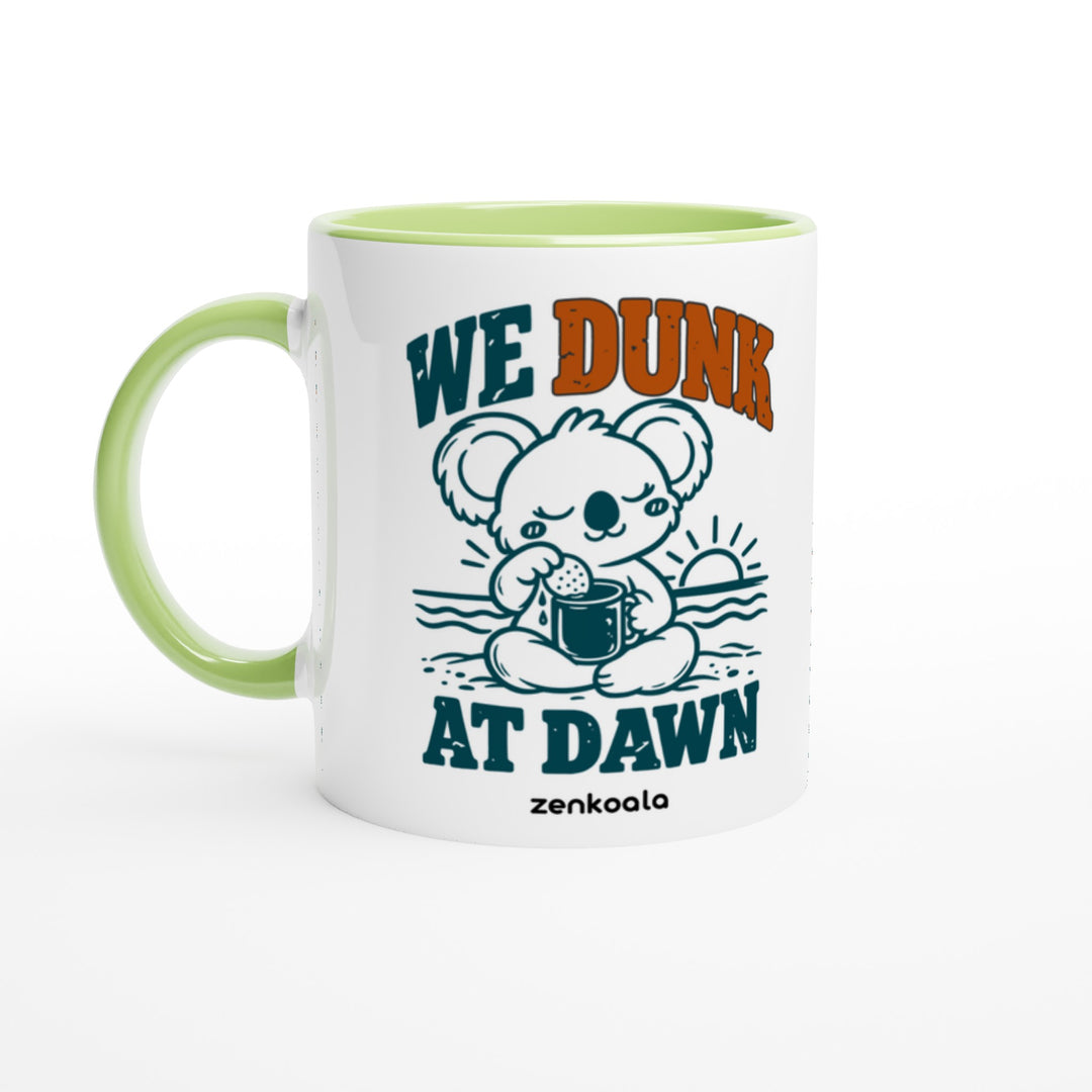 We Dunk at Dawn mug in green: white with a green rim, inside and handle, Zen Koala Australia