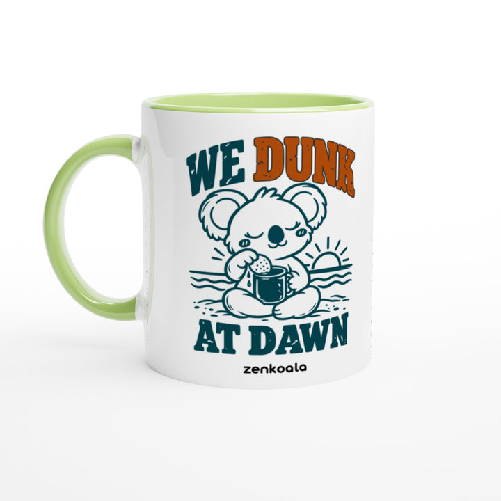 We Dunk at Dawn mug in green: white with a green rim, inside and handle, Zen Koala Australia