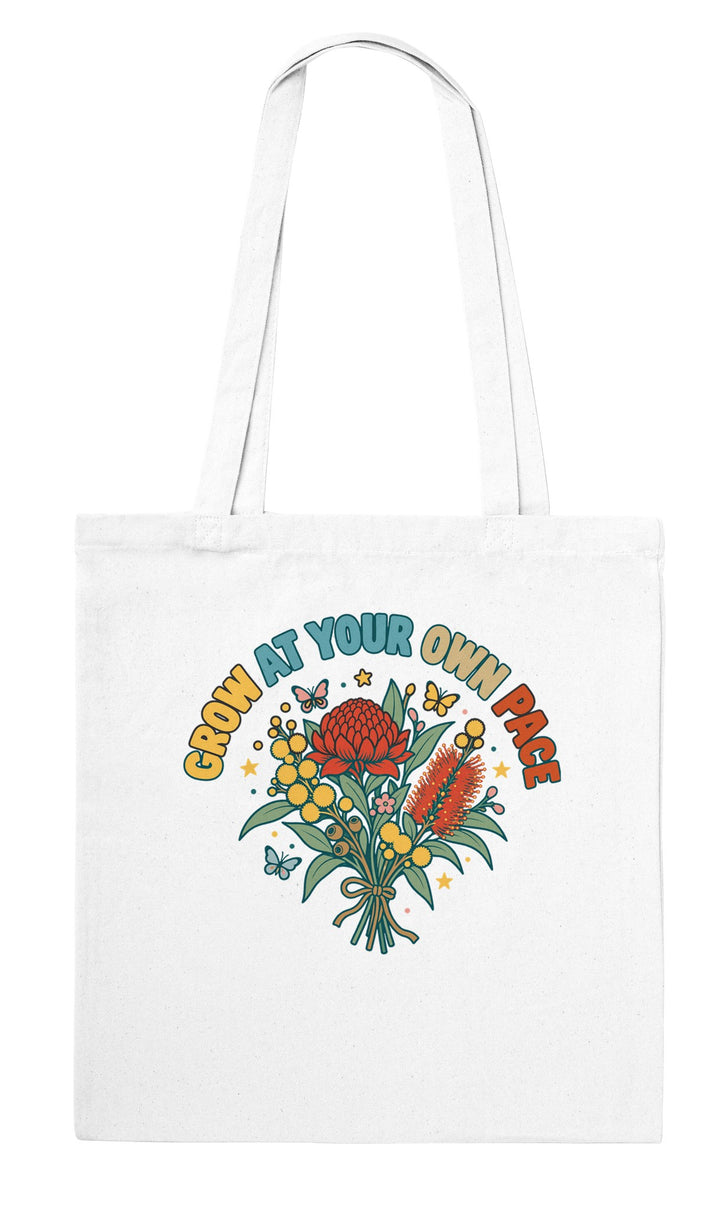 Grow at Your Own Pace feel-good tote bag in white, Zen Koala Australia