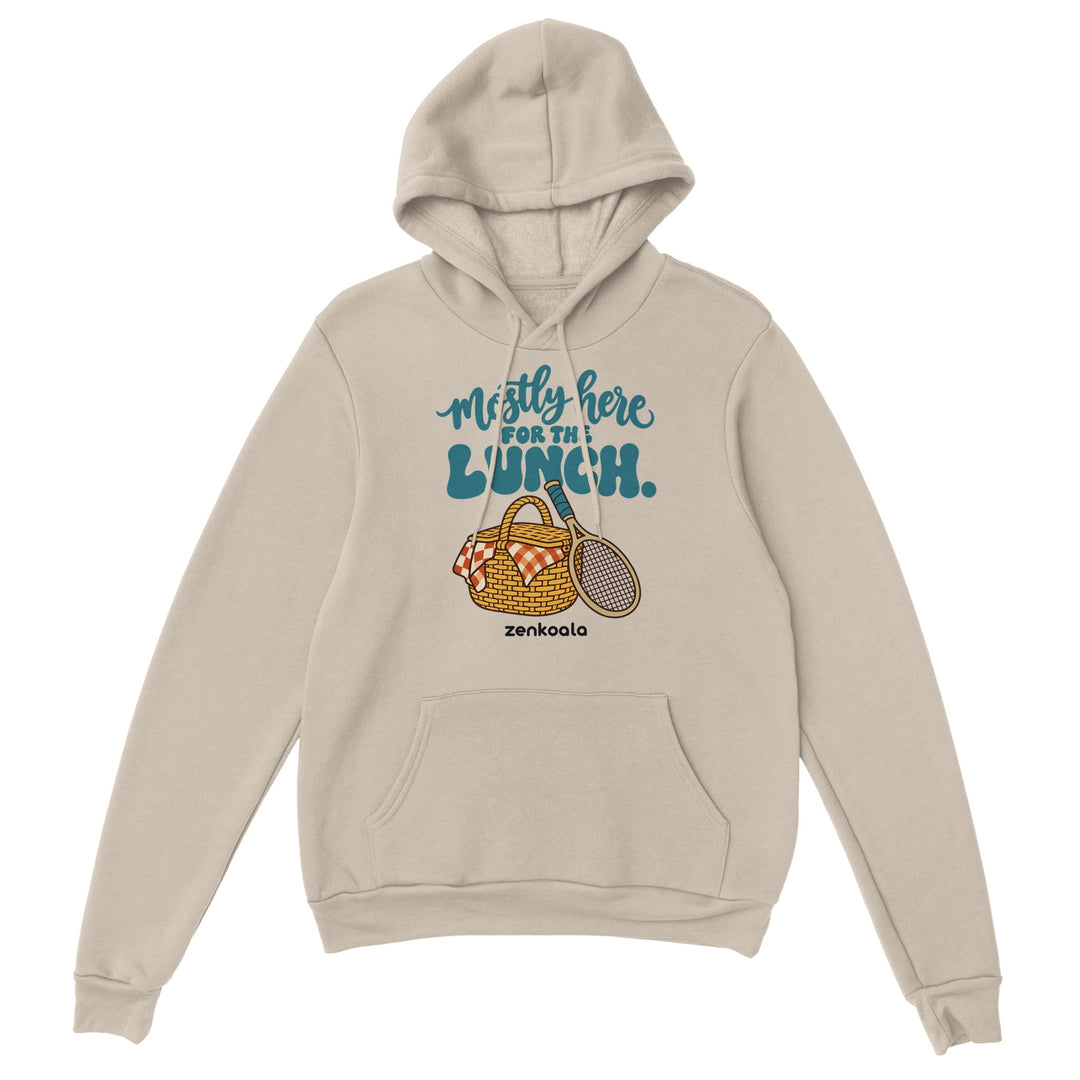 Mostly Here for the Lunch feel-good hoodie in sand: a picnic basket and racquet, Zen Koala Australia