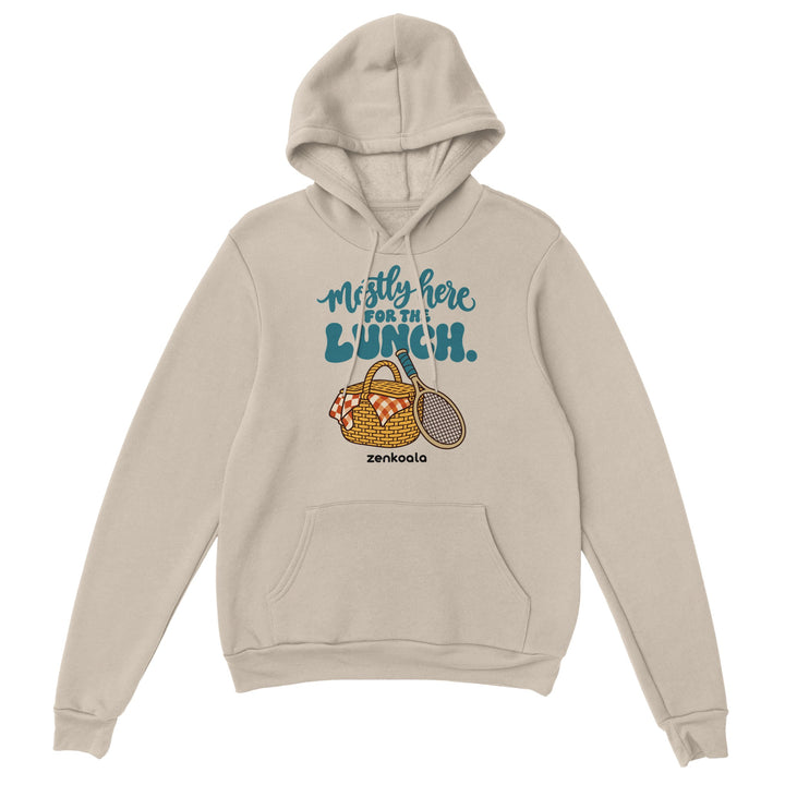 Mostly Here for the Lunch feel-good hoodie in sand: a picnic basket and racquet, Zen Koala Australia