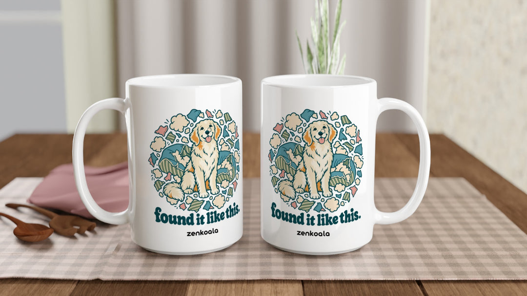 Two Found It Like This 15oz mugs on a table, showing both sides of the design, Zen Koala Australia