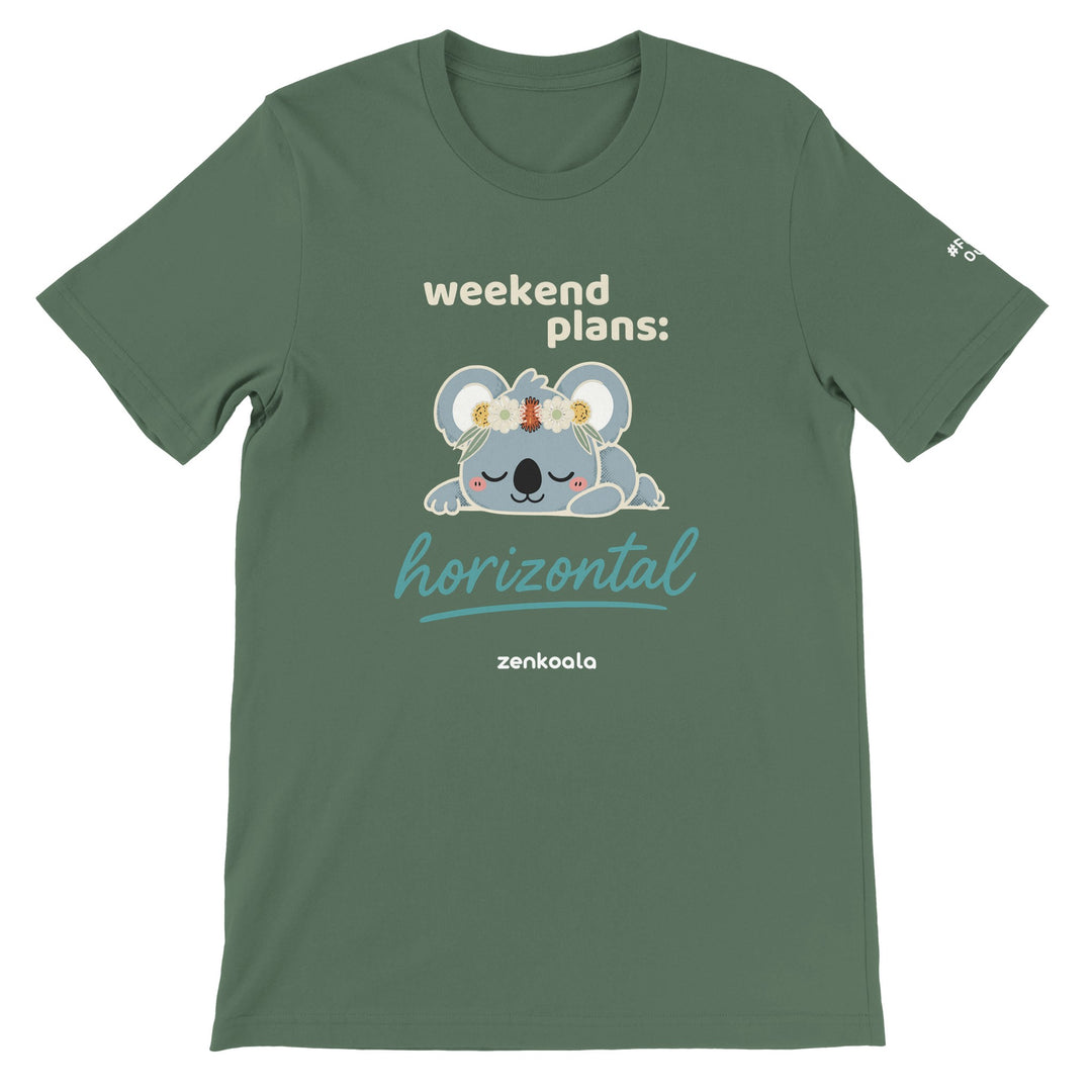 Weekend Plans Horizontal Koala feel-good tee in military green, Zen Koala Australia