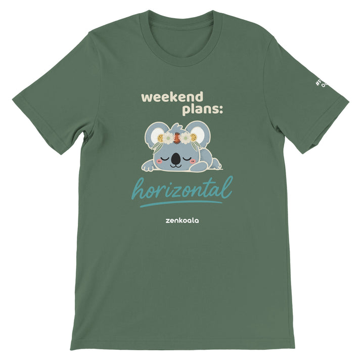Weekend Plans Horizontal Koala feel-good tee in military green, Zen Koala Australia
