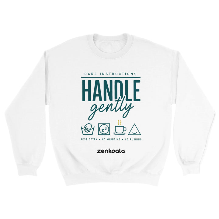 Handle Gently Care Instructions feel-good sweatshirt in White — care-label icons for rest, no wringing, no rushing, Zen Koala Australia