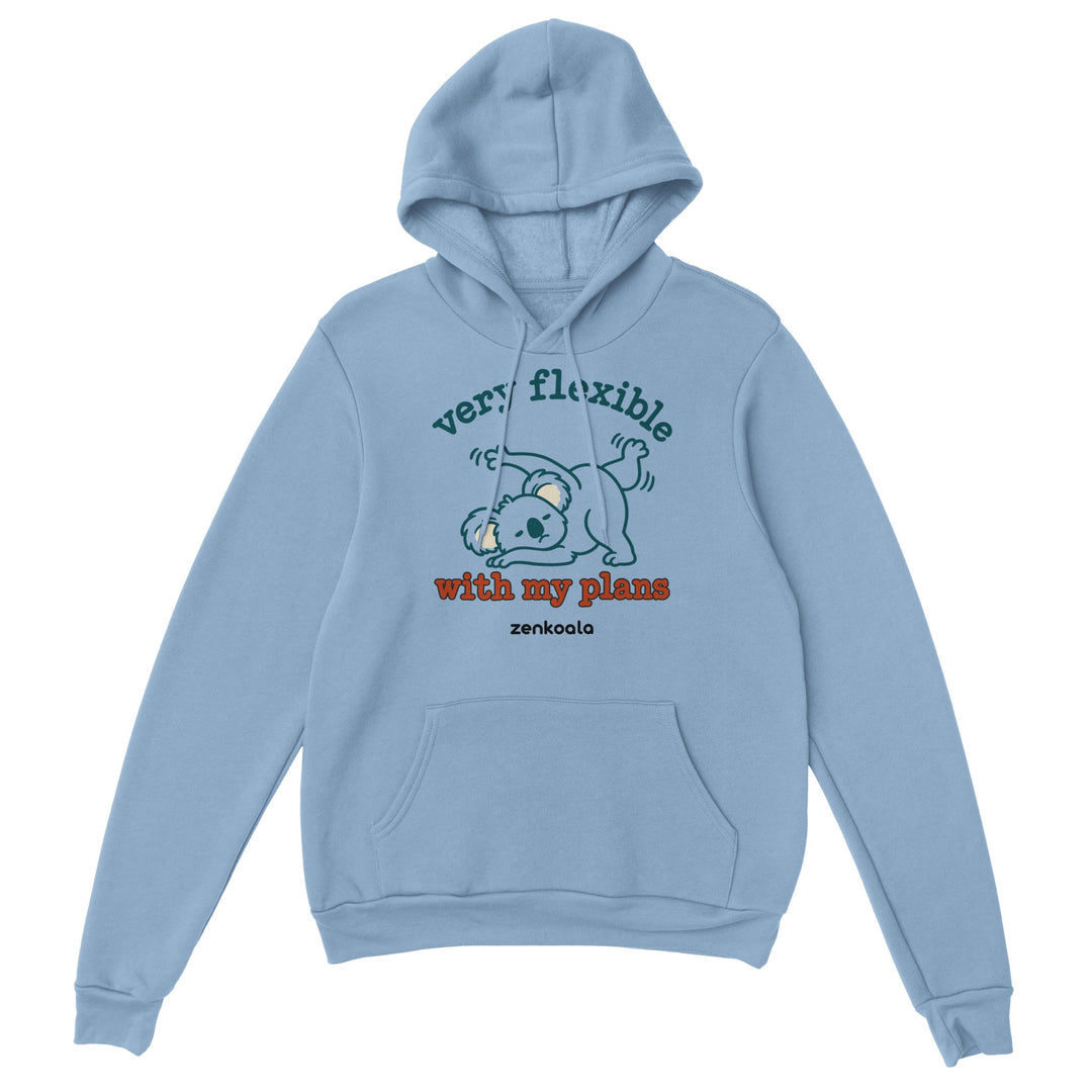 Very Flexible With My Plans feel-good hoodie in light blue, Zen Koala Australia