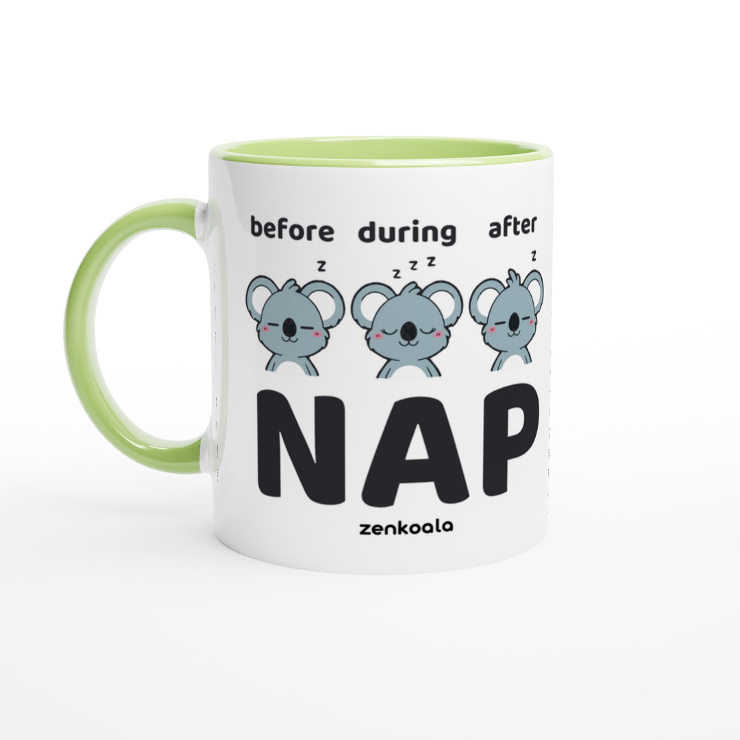 Before Nap Nap After Nap Koala mug in green: white with a green rim, inside and handle, Zen Koala Australia