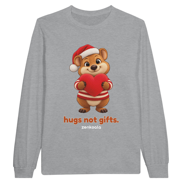 Hugs Not Gifts feel-good long sleeve tee in sports grey, Zen Koala Australia