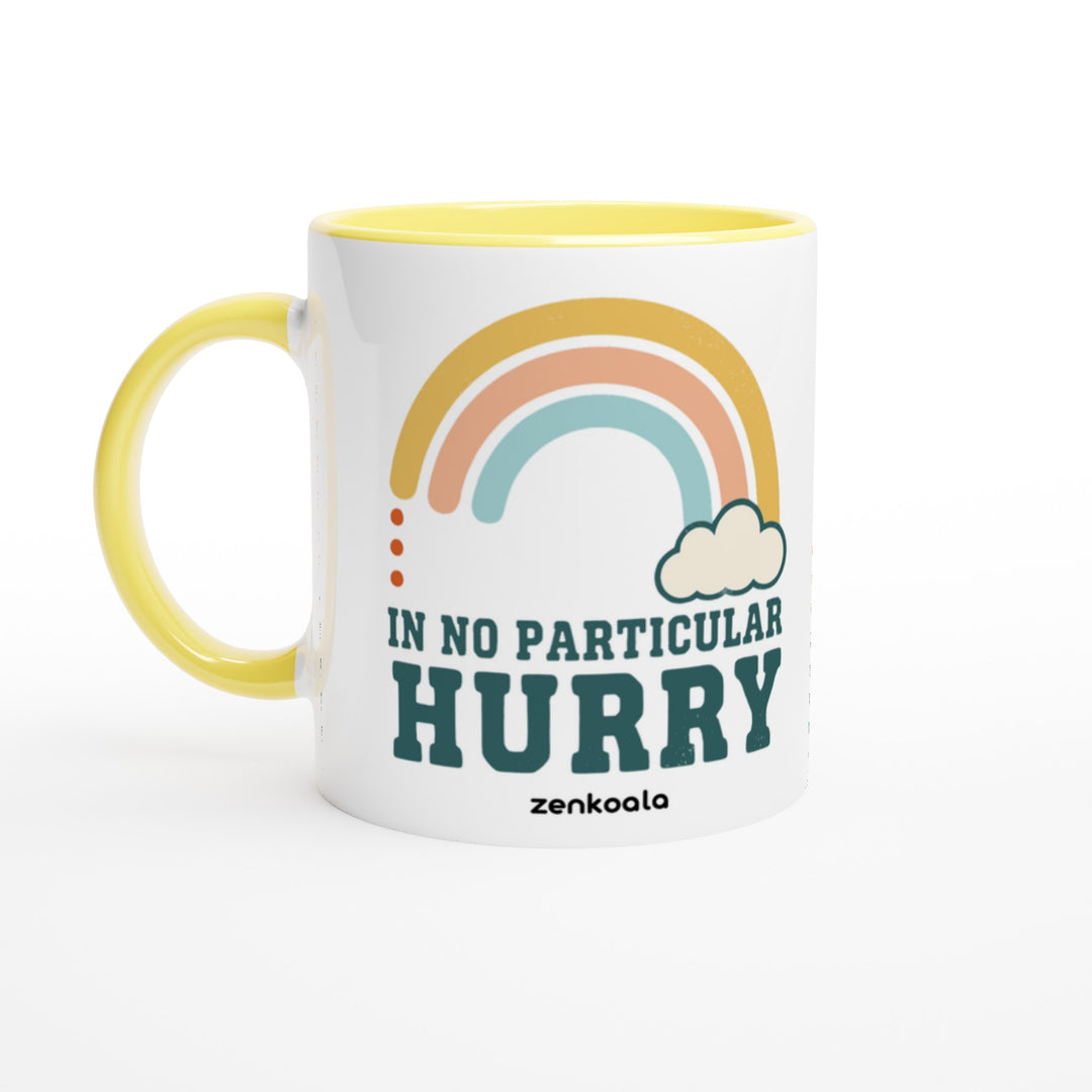 In No Particular Hurry mug in yellow: white with a yellow rim, inside and handle, Zen Koala Australia