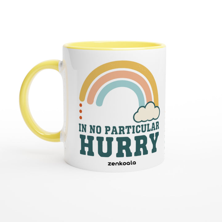 In No Particular Hurry mug in yellow: white with a yellow rim, inside and handle, Zen Koala Australia