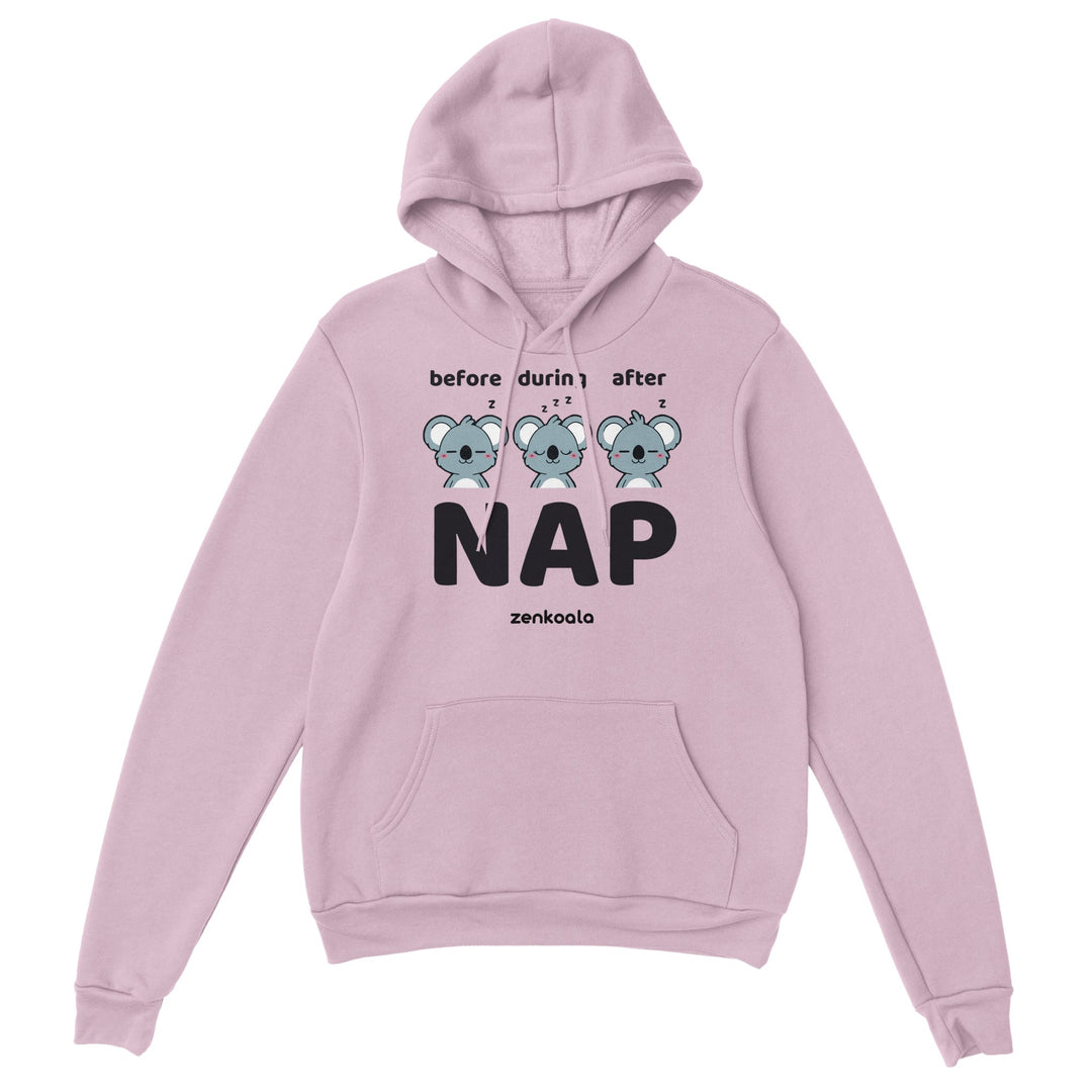 Before Nap Nap After Nap Koala feel-good hoodie in light pink, Zen Koala Australia