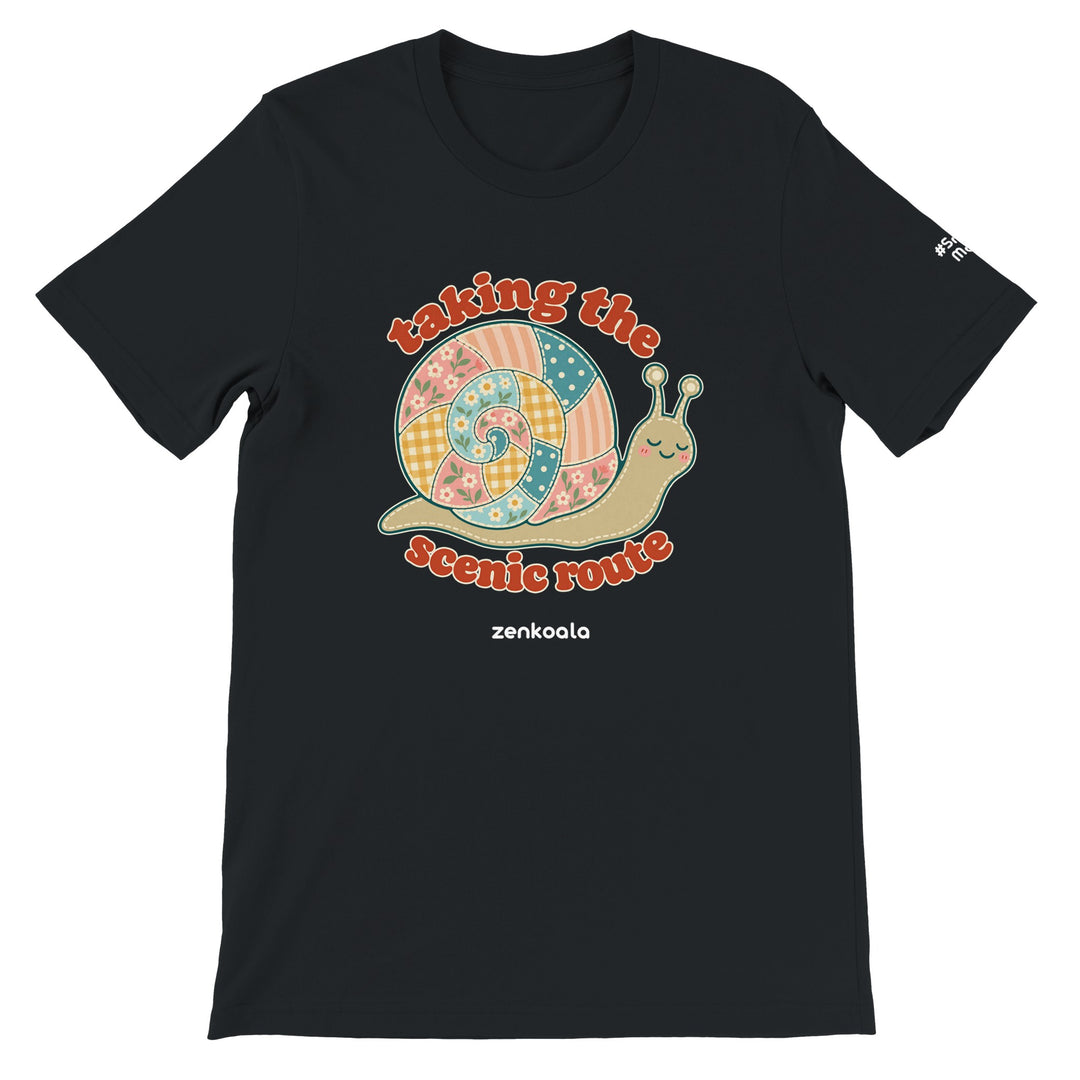 Taking the Scenic Route Snail feel-good tee in black, Zen Koala Australia