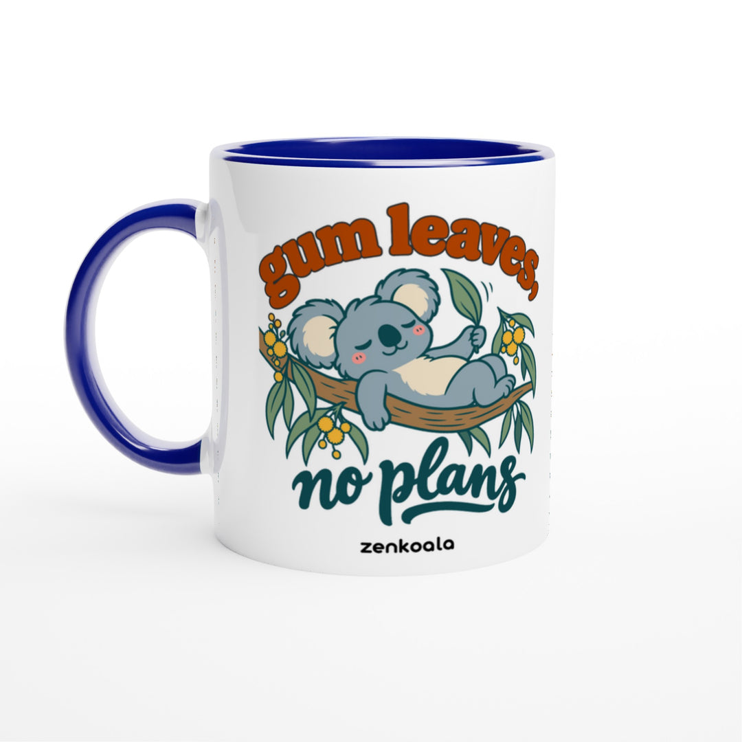 Gum Leaves No Plans mug in blue: white with a blue rim, inside and handle, Zen Koala Australia