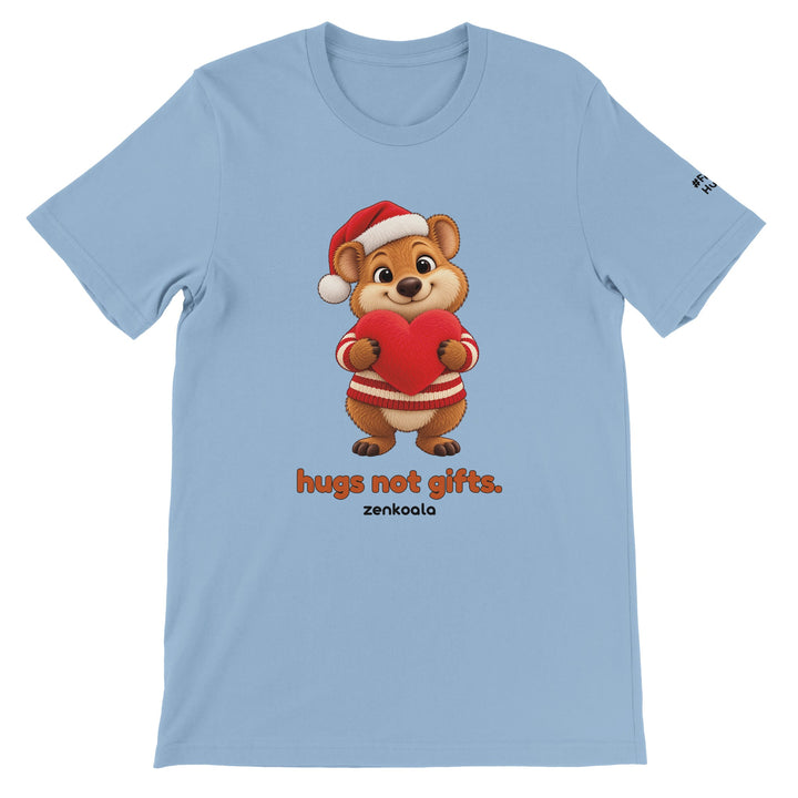 Hugs Not Gifts feel-good tee in light blue, Zen Koala Australia