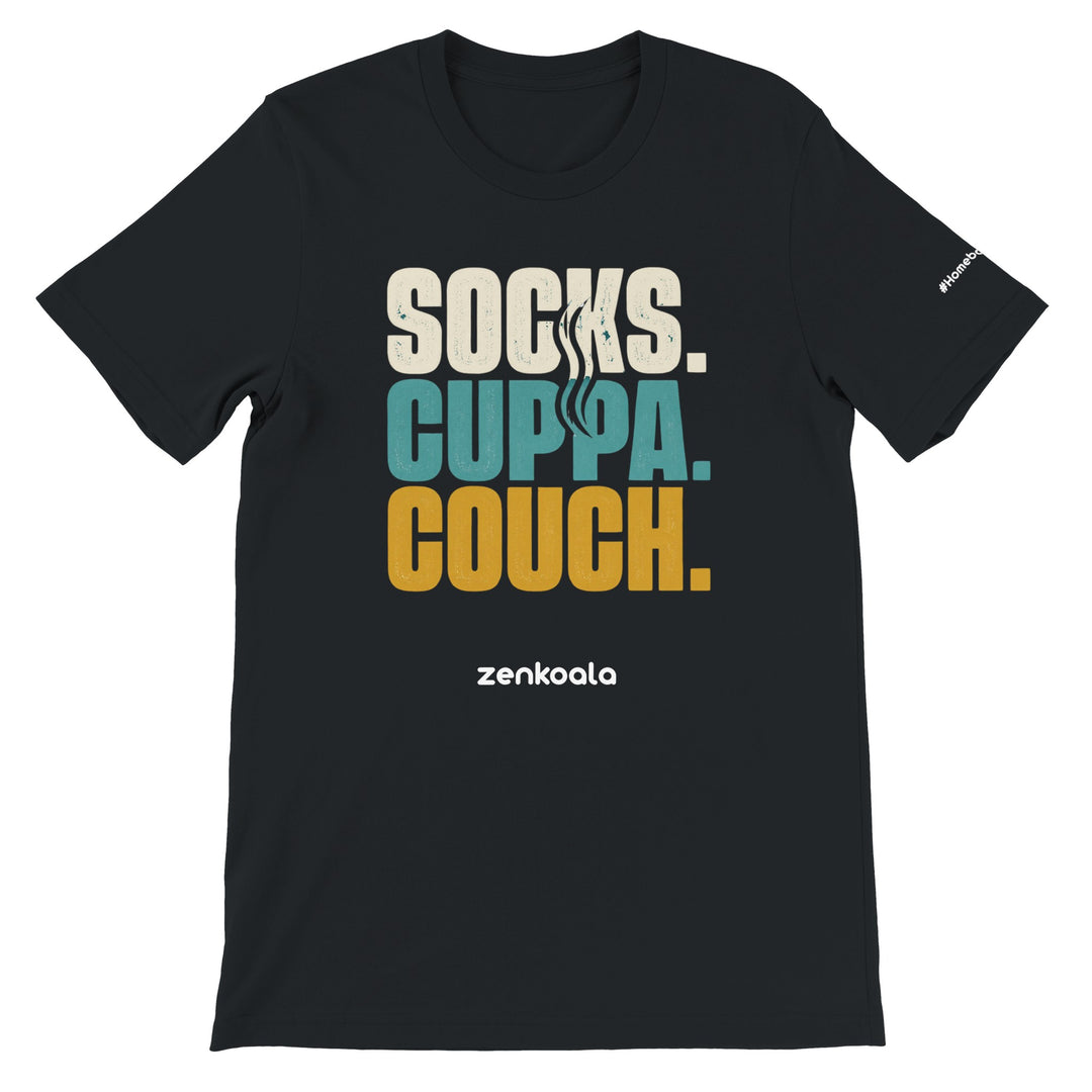 Socks Cuppa Couch feel-good tee in black — Zen Koala Australia