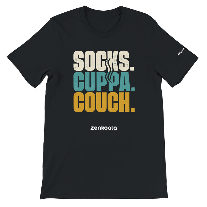 Socks Cuppa Couch feel-good tee in black — Zen Koala Australia