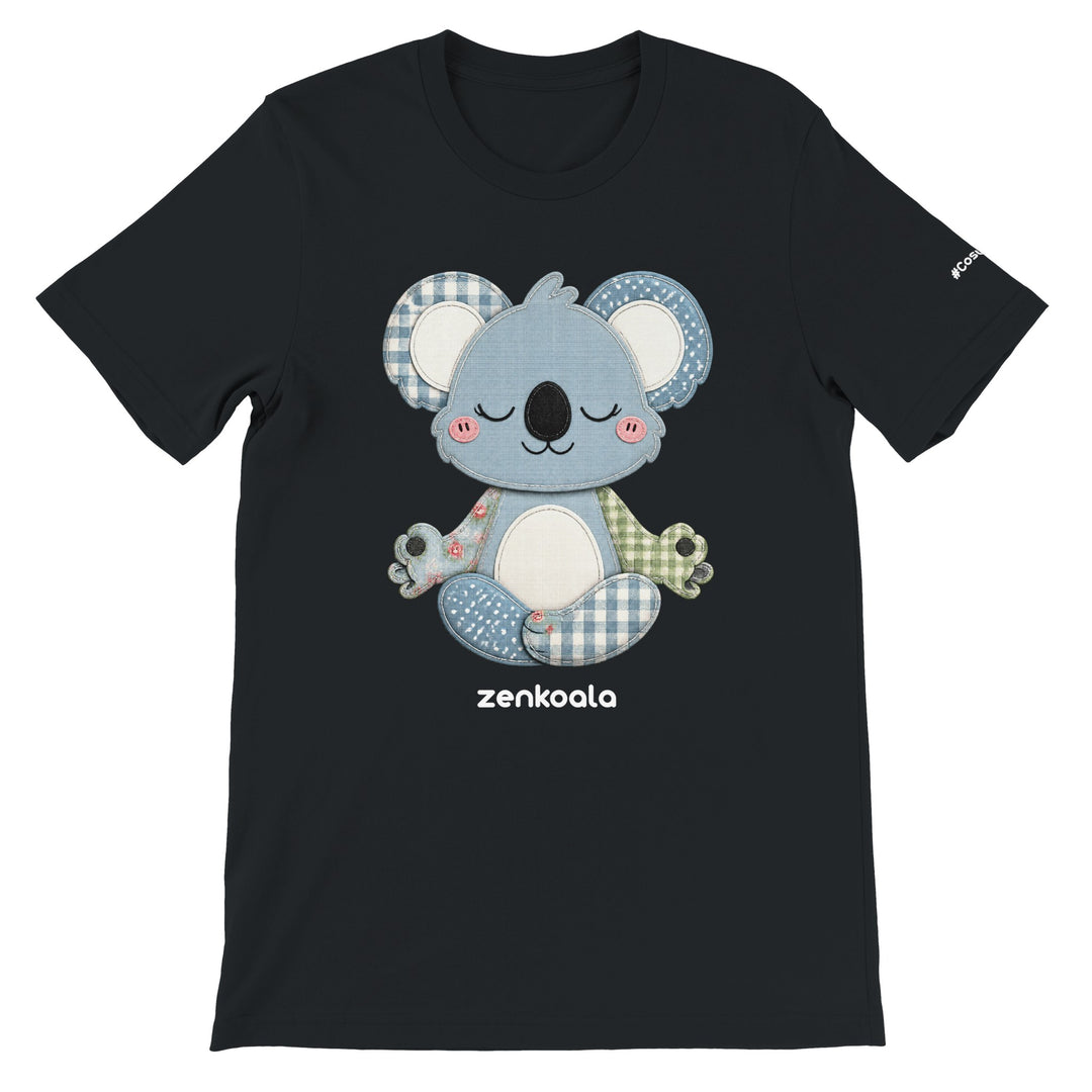 Faux Patchwork Meditating Koala feel-good tee in black — a cosy patchwork-look koala in gingham, polka dots and florals, Zen Koala Australia