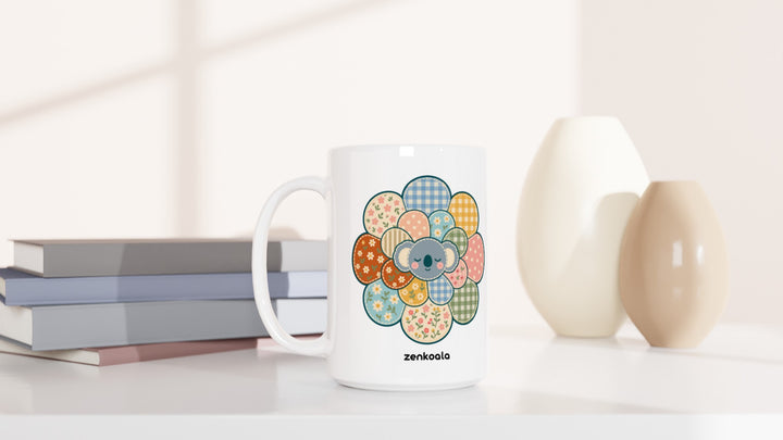 Zen Mandala Flower 15oz mug beside books and vases, Zen Koala Australia
