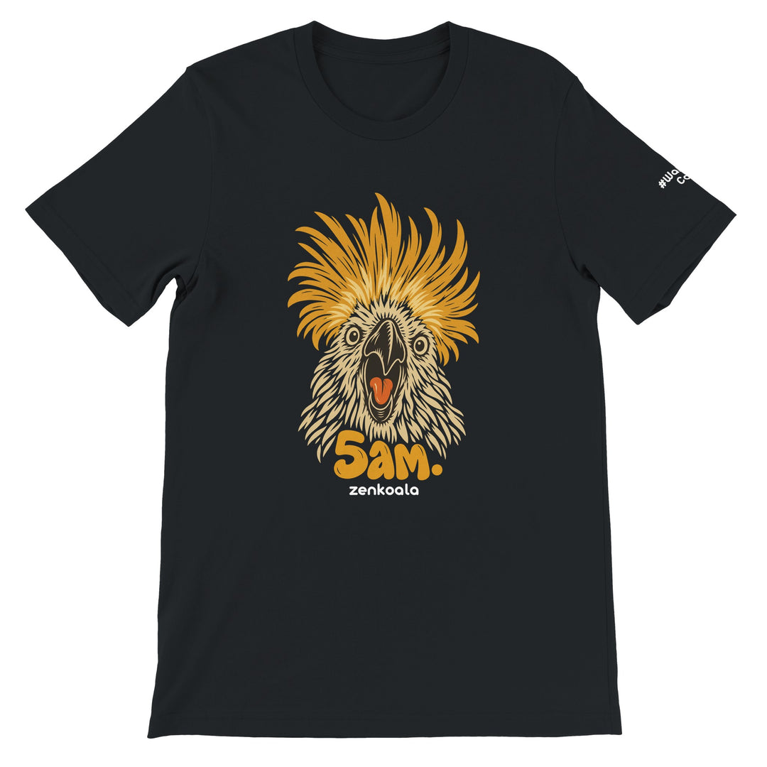 5am feel-good tee in black: a cockatoo screaming at dawn, Zen Koala Australia