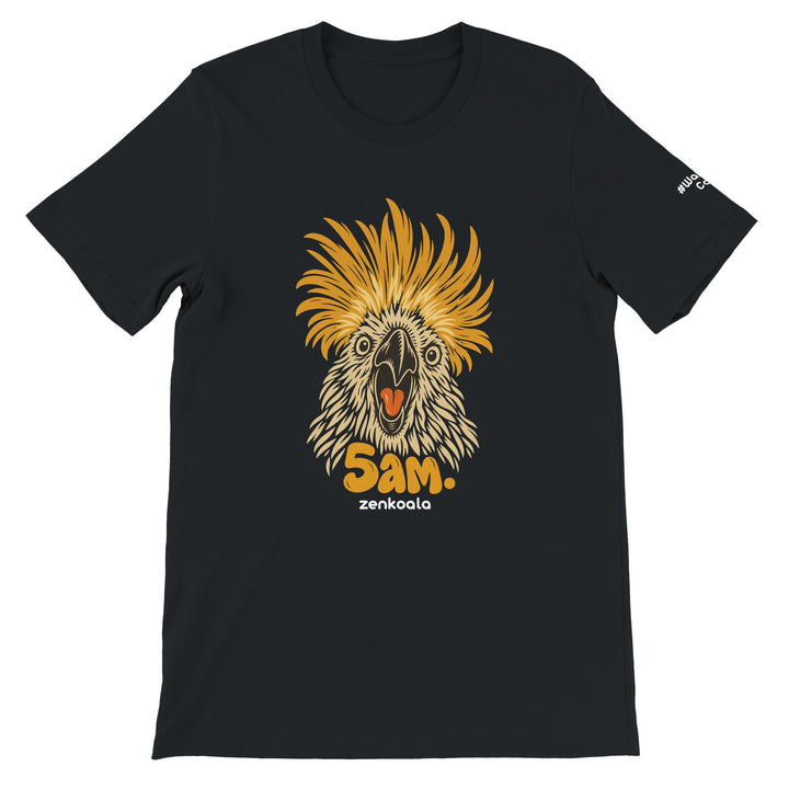 5am feel-good tee in black: a cockatoo screaming at dawn, Zen Koala Australia
