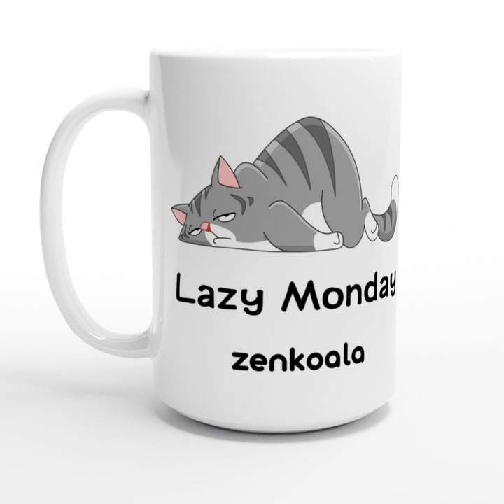 Lazy Monday feel-good 15oz mug: a grey tabby flopped flat out, Zen Koala Australia