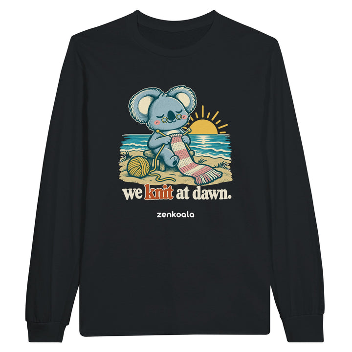 We Knit at Dawn feel-good long sleeve tee in black, Zen Koala Australia
