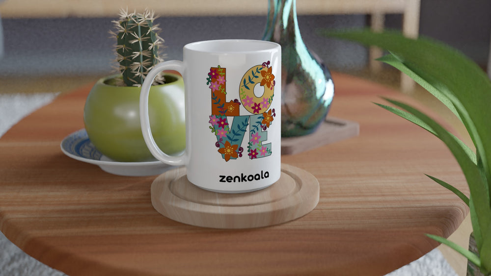 Love 15oz mug on a wooden table with a cactus, Zen Koala Australia