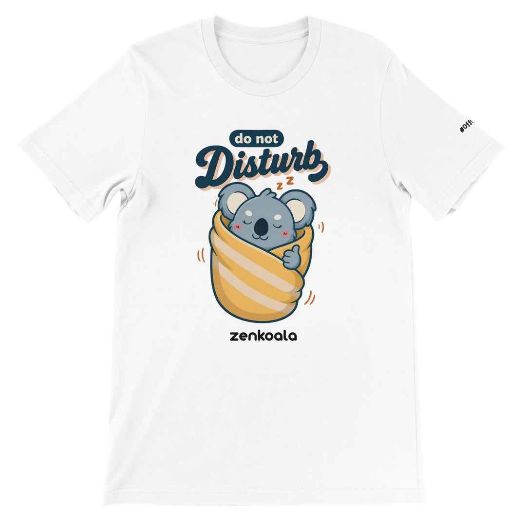 Do Not Disturb feel-good tee in white — a sleepy koala snug in a blanket burrito, Zen Koala Australia