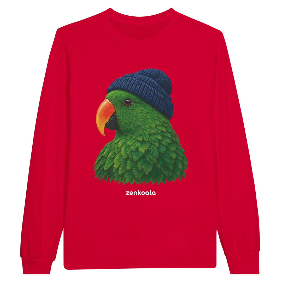 Parrot Beanie feel-good long sleeve tee in red, Zen Koala Australia