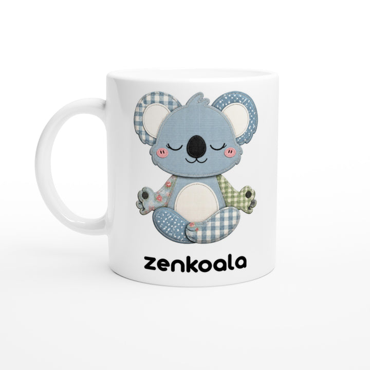 Faux Patchwork Meditating Koala feel-good mug — a gingham patchwork koala sitting cross-legged, Zen Koala Australia