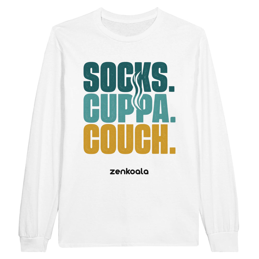 Socks Cuppa Couch long sleeve tee in white — Zen Koala Australia