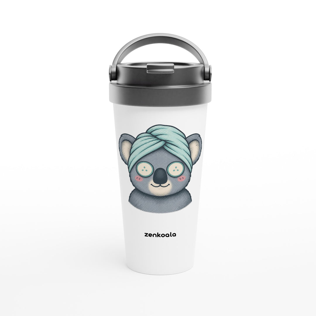 Koala Spa Day feel-good travel mug: a koala in a towel turban with cucumber eyes, Zen Koala Australia