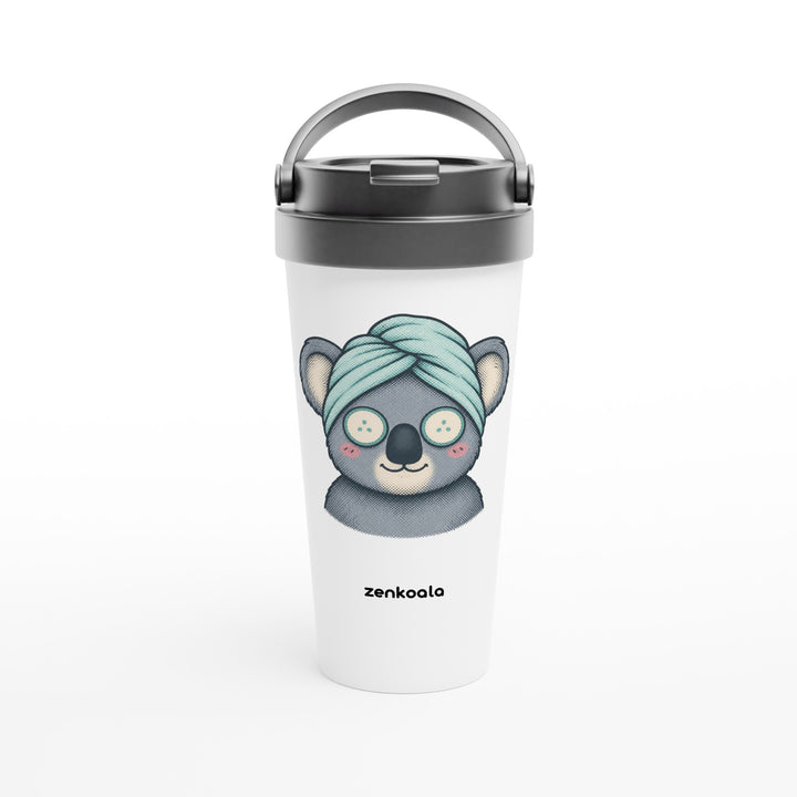 Koala Spa Day feel-good travel mug: a koala in a towel turban with cucumber eyes, Zen Koala Australia