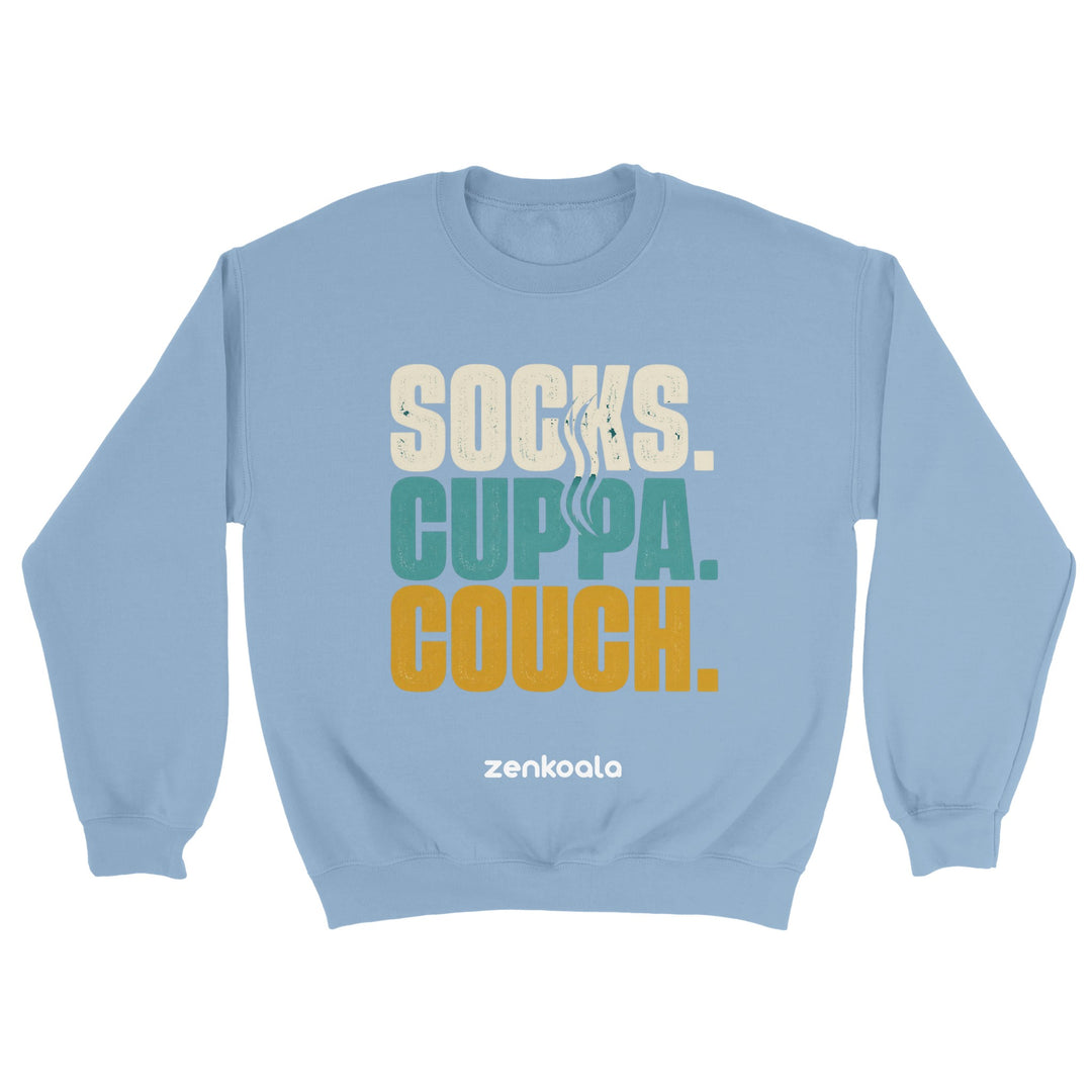 Socks Cuppa Couch feel-good sweatshirt in light blue — Zen Koala Australia