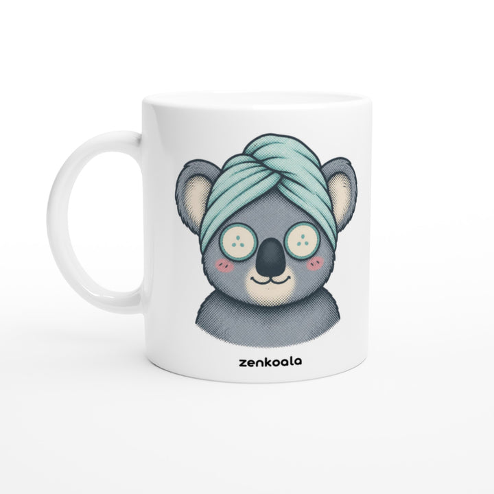Koala Spa Day feel-good mug: a koala in a towel turban with cucumber eyes, Zen Koala Australia