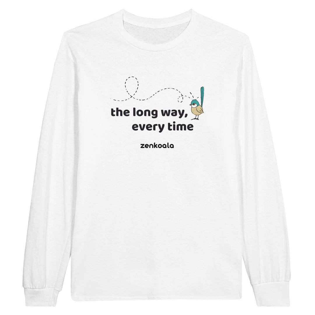 The Long Way Every Time feel-good long sleeve tee in white, Zen Koala Australia