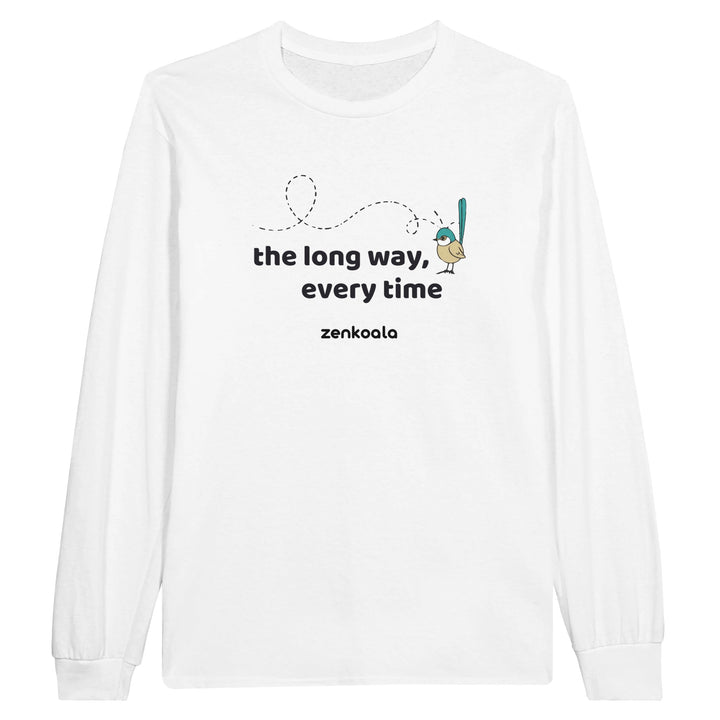 The Long Way Every Time feel-good long sleeve tee in white, Zen Koala Australia