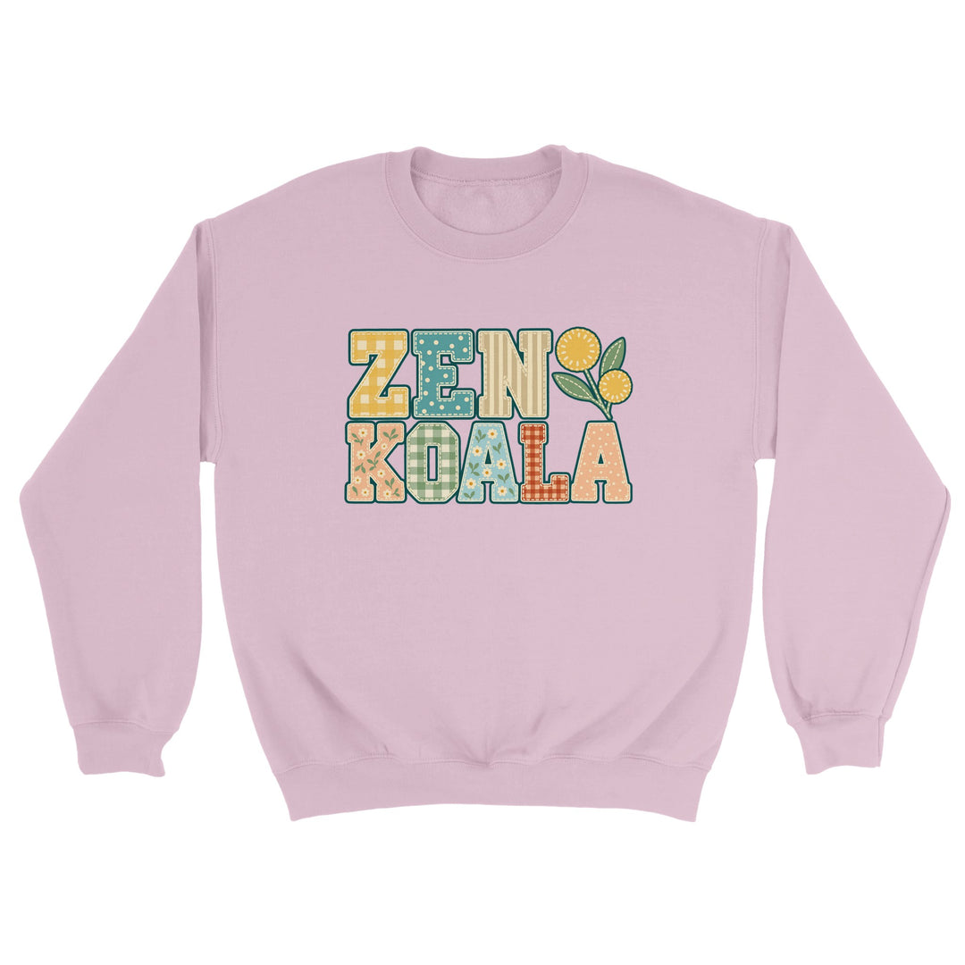 Zen Koala Faux Patchwork feel-good sweatshirt in light pink: the brand name in faux patchwork letters, Zen Koala Australia