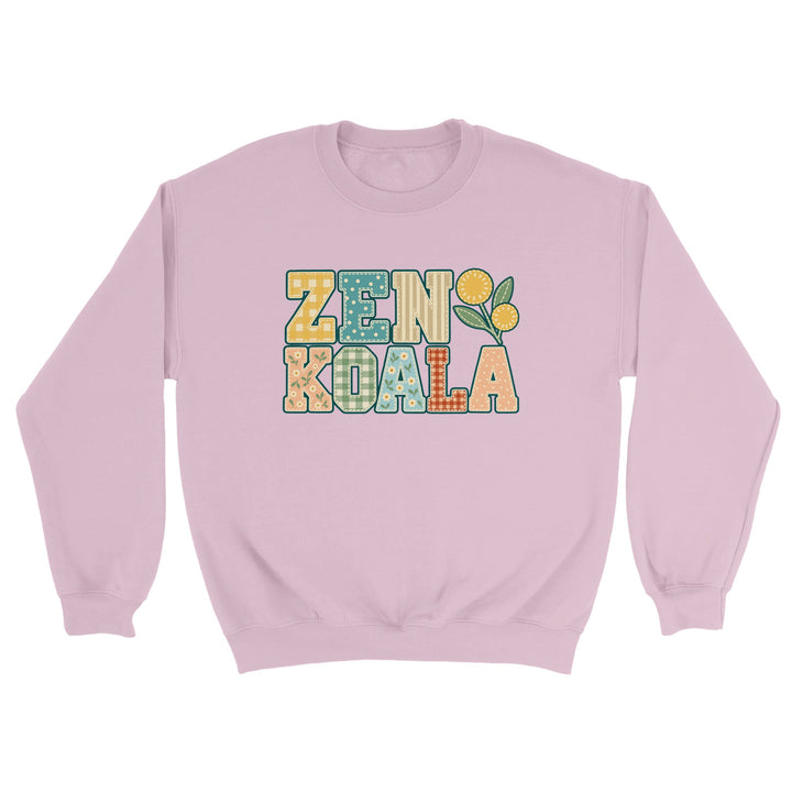 Zen Koala Faux Patchwork feel-good sweatshirt in light pink: the brand name in faux patchwork letters, Zen Koala Australia